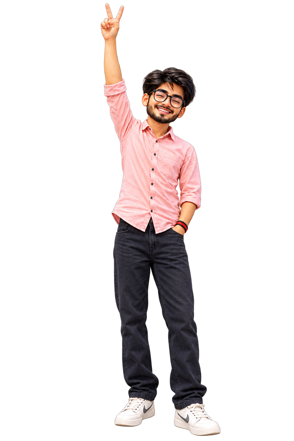 shuklaji, one hand up in a peace sign, holding the end of the thread
